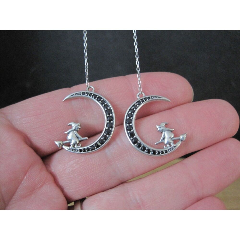 Black Tourmaline Witch Moon Earrings Sterling Silver